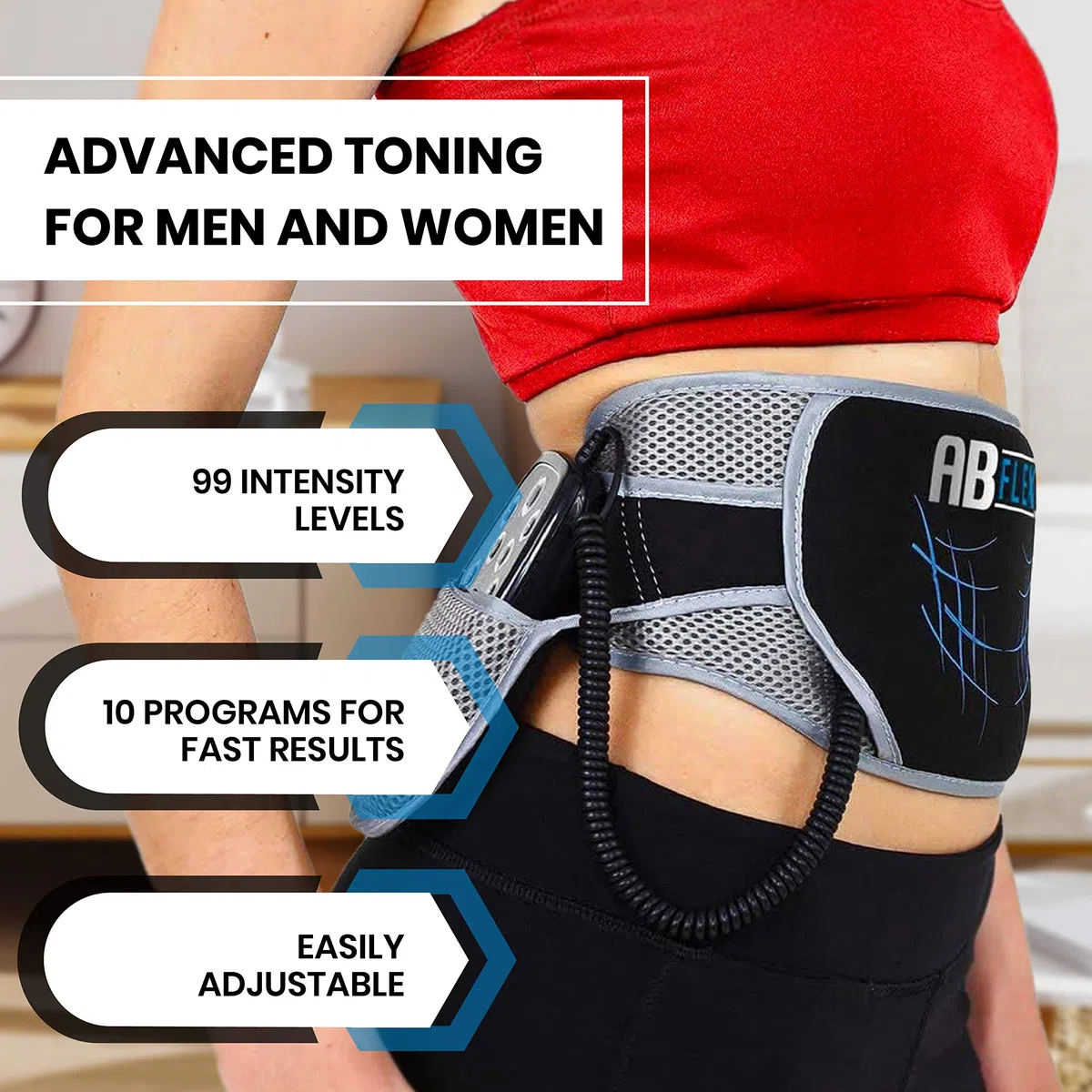 ABFLEX Electroestimulador Muscular tonificar la Zona Abdominal, Mando a Distancia para un Ajuste rápido y Sencillo, 99 Niveles de Intensidad y 10 Ejercicios para Conseguir Resultados rápidos