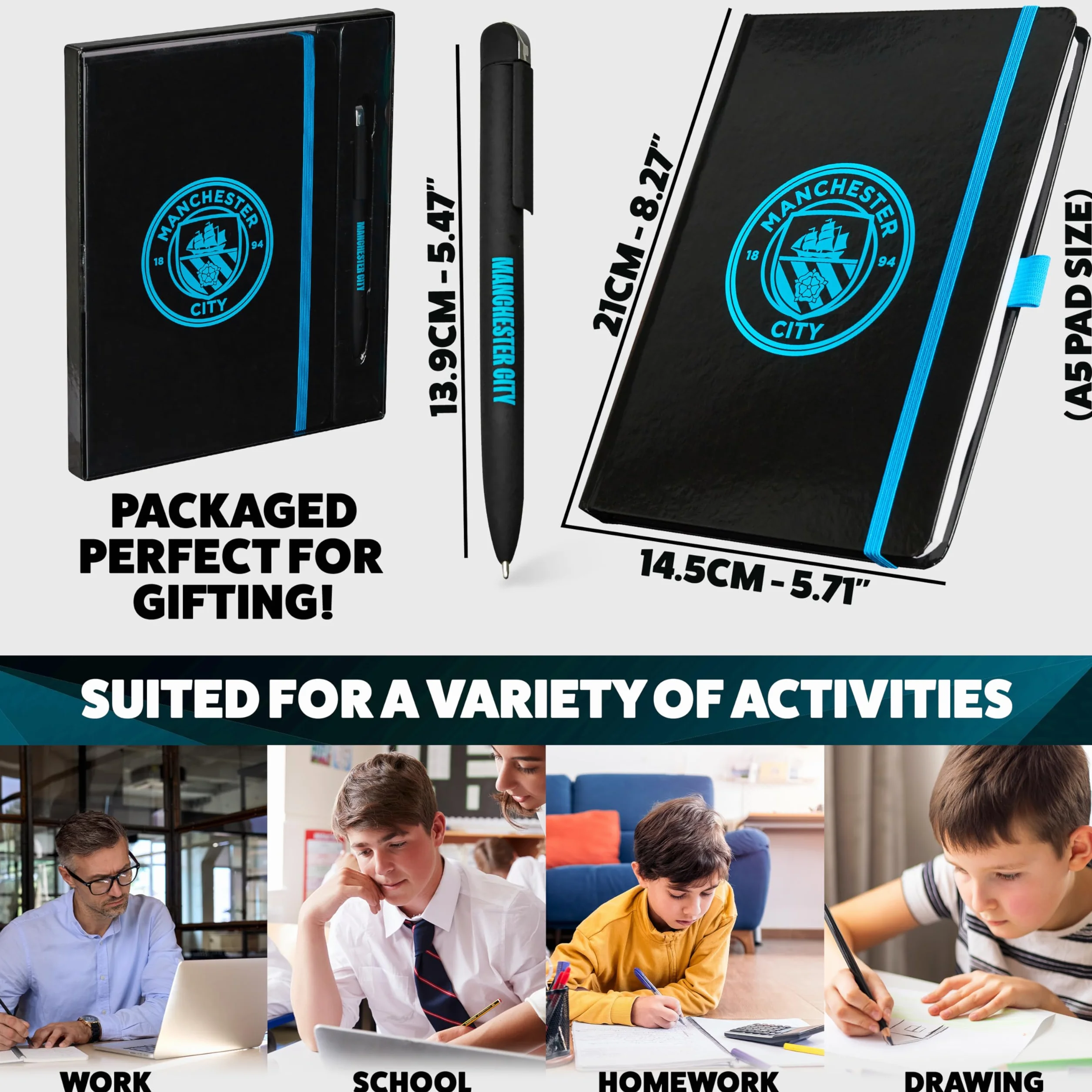 Manchester City F.C. Supporters' Gear Stationery Set A4 cuaderno y bolígrafo, regalos