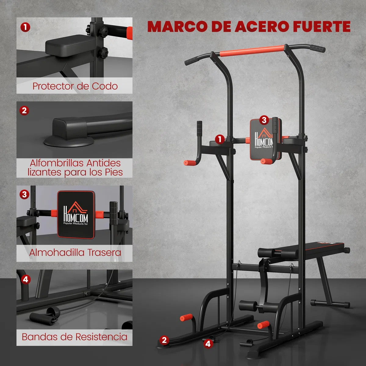 HOMCOM Torre Entrenamiento Energía Power Tower Estación Pull Up Multifuncional Ajustable en Altura con Banco Plegable Barra de Dominadas para Fitness 220x98x181-229 cm Negro