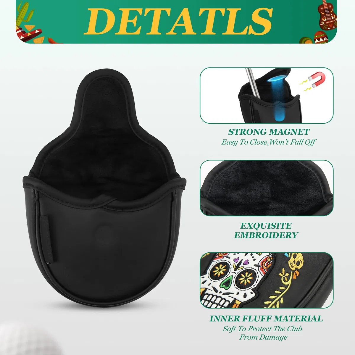 Fundas para cabeza de putter, cubierta de cabeza de putter, cierre magnético de alta calidad para cubierta de cabeza de golf, piel sintética negra, patrón de calavera colorida
