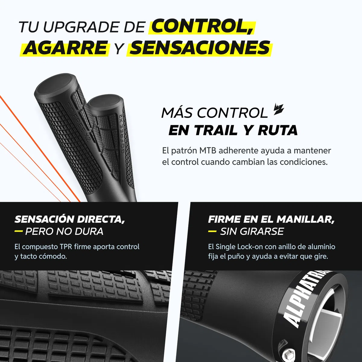 Alphatrail GoFree puños Bicicleta MTB para Bici & e-Bike, Grip Trail con amortiguación, puños MTB Lock-on 22,2 mm, 1 par, 120 g, puños para Bicicleta Trail & Tour