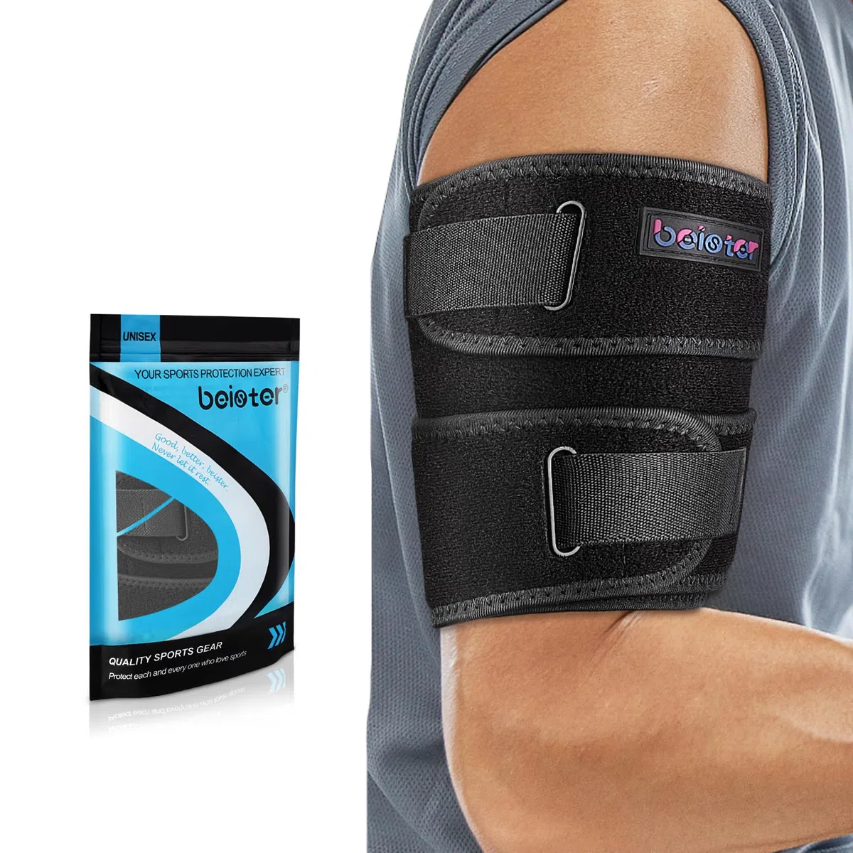 beister Soporte de compresión para brazo superior (individual), soporte para tendinitis del bíceps para hombres y mujeres con 4 correas de presión, manga de compresión para tríceps y envoltura para