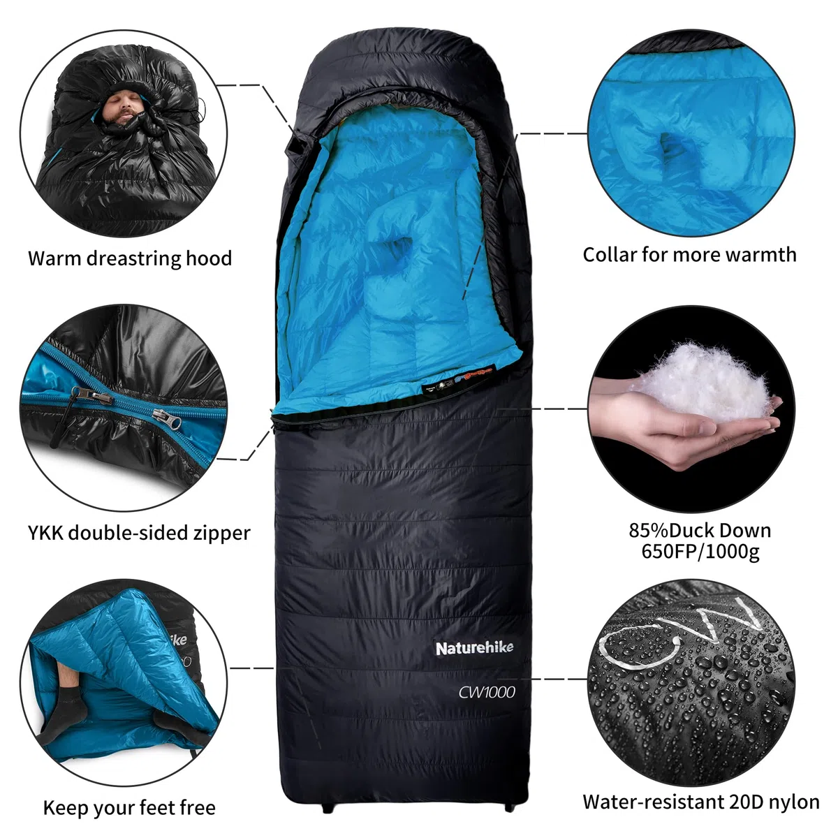 Naturehike CW1000 Saco de dormir de plumón ultraligero portátil compacto invierno saco de dormir 4 estaciones para adultos y niños al aire libre camping senderismo viajes con saco de compresión