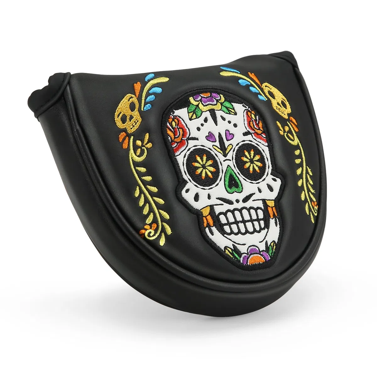 Fundas para cabeza de putter, cubierta de cabeza de putter, cierre magnético de alta calidad para cubierta de cabeza de golf, piel sintética negra, patrón de calavera colorida