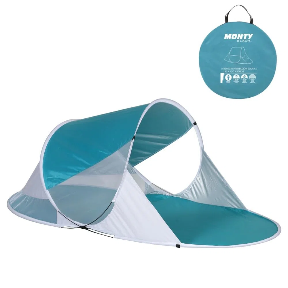 MONTY Paravientos Pop Up Aguamarina, de 190x120x90 cm. Protección Solar UPF+50, Despliegue Automático 1 Segundo, Ventilaciones Anti-Viento, Bolsa de Transporte, para Playa, jardín, montaña.