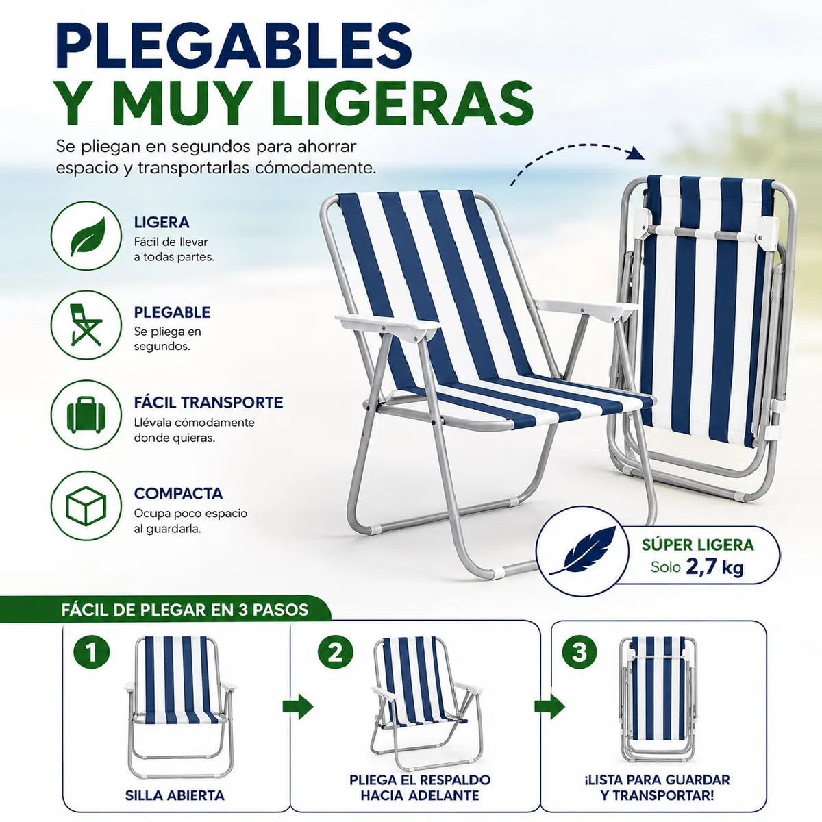 TIENDA EURASIA - Pack 2 Silla Playa o Camping Plegable | Estructura de Acero Gris | Tela de Loneta Impermeable | Ligera | Estampado Rayas Azul y Verde | Medidas 75 x 53 x 43 cm