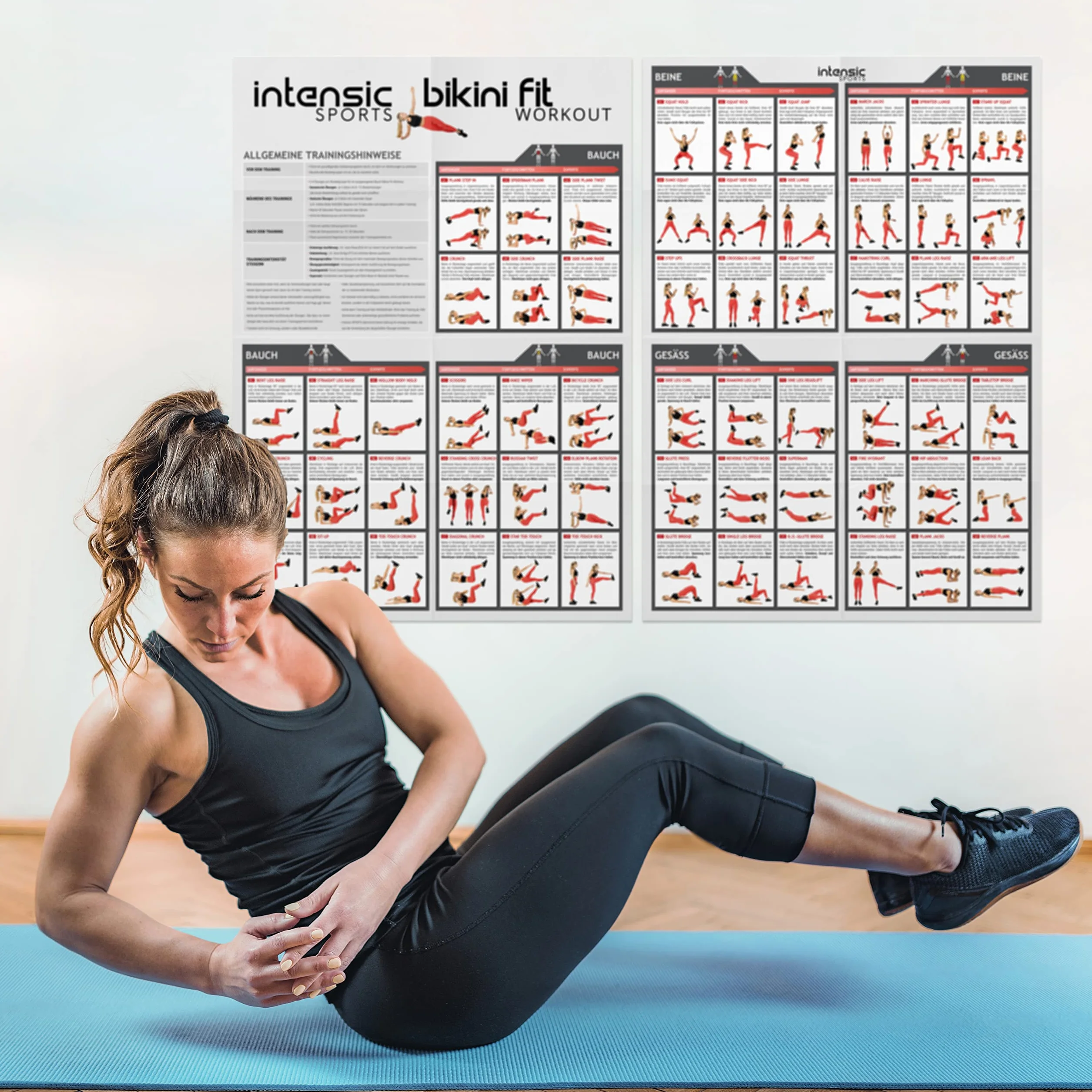 intensic SPORTS Póster de entrenamiento de abdomen y piernas, 60 ejercicios de fitness para casa, construcción muscular, peso corporal