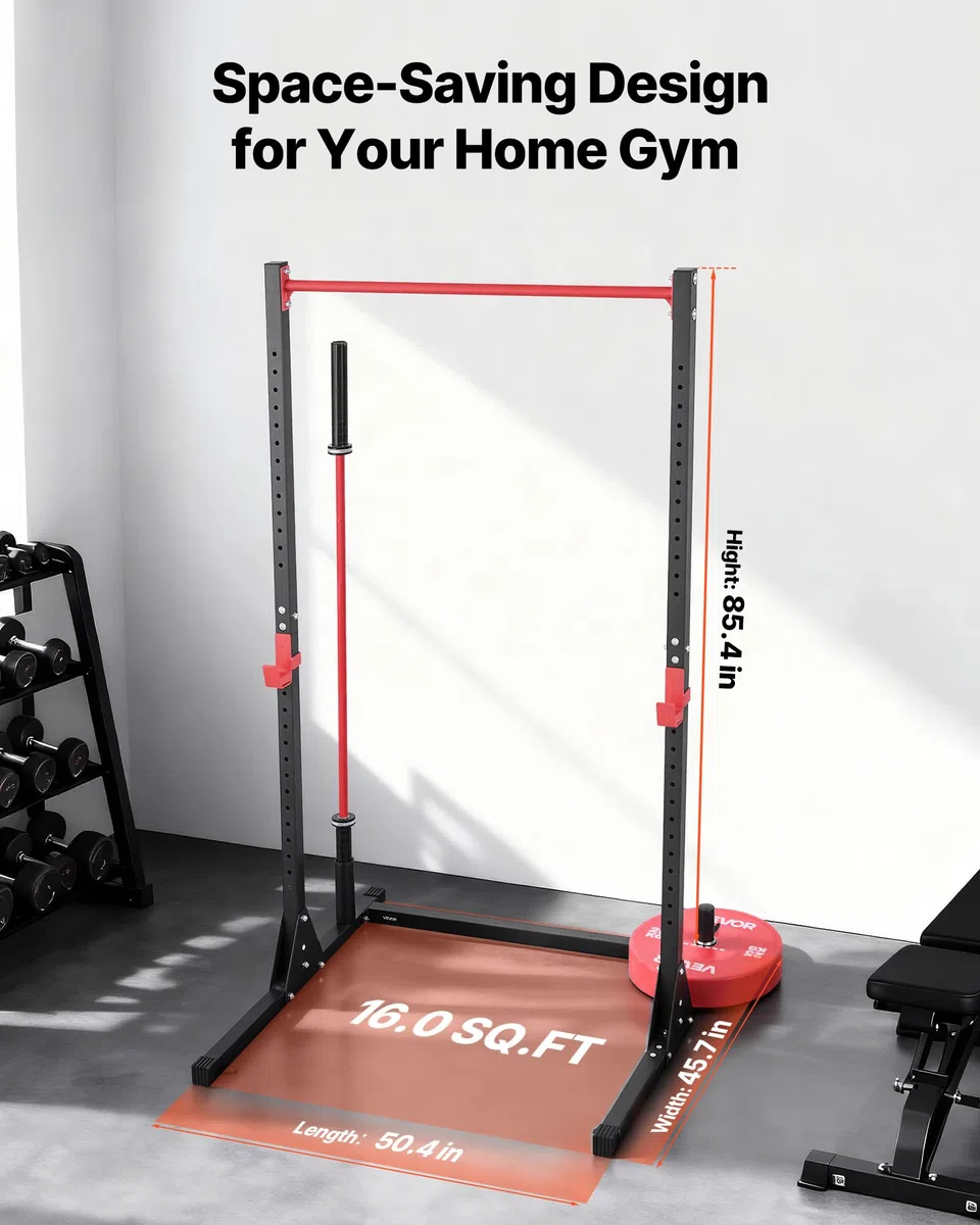 VEVOR Jaula para Sentadillas con Barra, Equipo Multifuncional de Press de Banca con Ganchos en J Ajustables de 28 Niveles, Robusto y Estable, Entrenamiento de Fuerza 360 kg, 1160 x 1280 x 2170 mm
