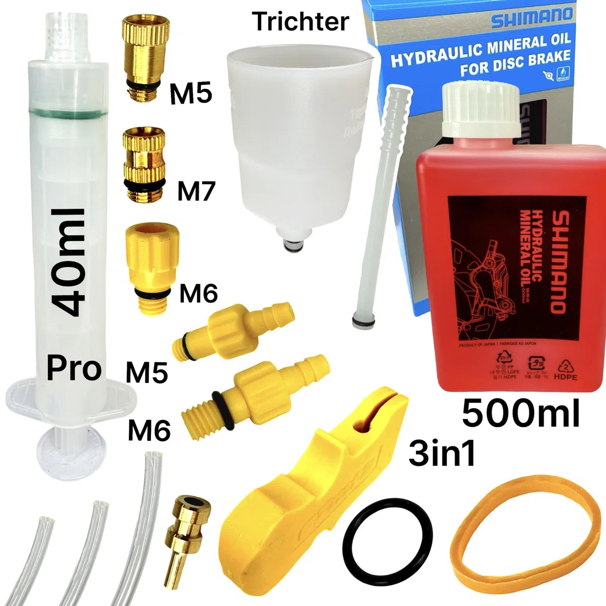 Shimano - Aceite mineral hidráulico de 500 ml + frenos de disco F26, kit de mantenimiento Pro Service Kit MTB City Ebike & STI Road Gravel Disc Purgador de Disco, Embudo con conector M5 M6 M7