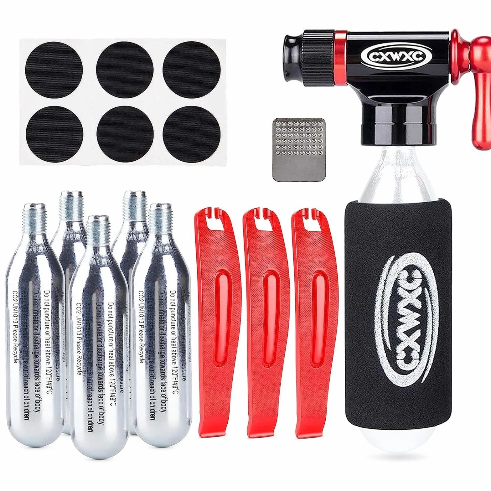 Kit de inflador de CO2 con 5 Cartuchos roscados de CO2 de 16 g - Compatible con válvulas Presta y Schrader - Bomba portátil de CO2 para neumáticos de Bicicleta con Multiherramienta