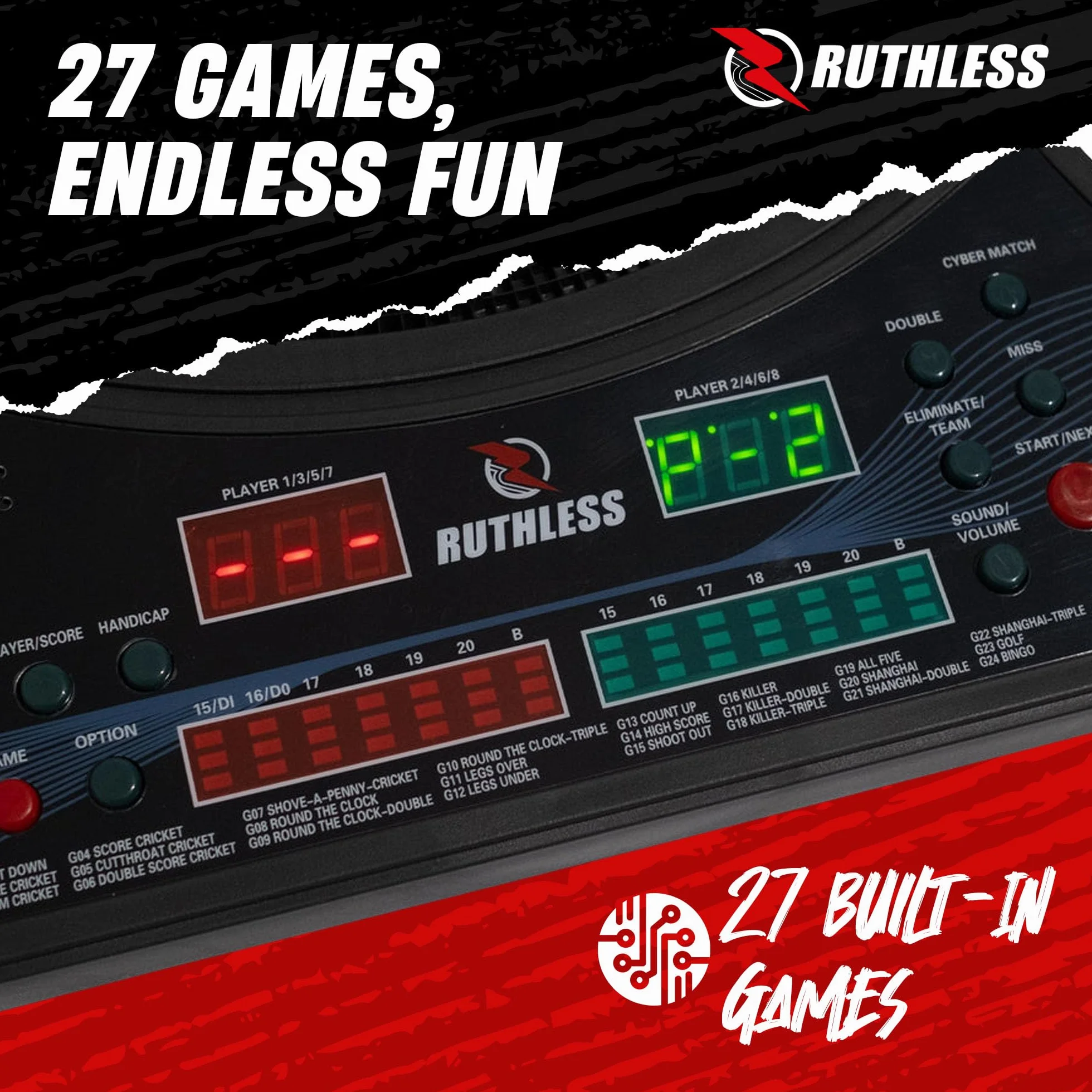 RUTHLESS | Tablero de dardos electrónico R600 de Ruthless | Punta suave | 4 juegos de dardos | 8 jugadores | 27 juegos.