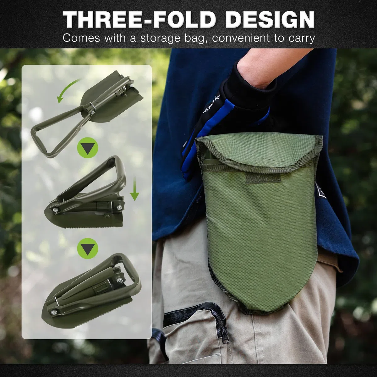 REDCAMP Pala Militar Plegable para Camping, Herramienta de atrincheramiento de Acero de Alto Carbono, Pala de Triple Mango con Cubierta (Verde, 2.5 Libras)
