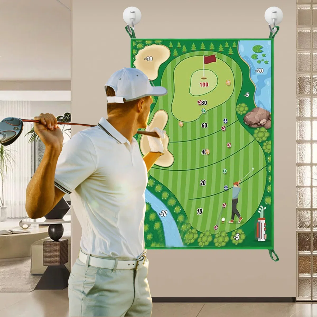 Set de Juego de Golf para Interior y Exterior - Juego de Golf con Alfombra de Golpeo, 16 Pelotas Adhesivas, Estacas y Tablero de Puntuación para el Hogar, Jardín, Oficina o Regalo para Golfistas
