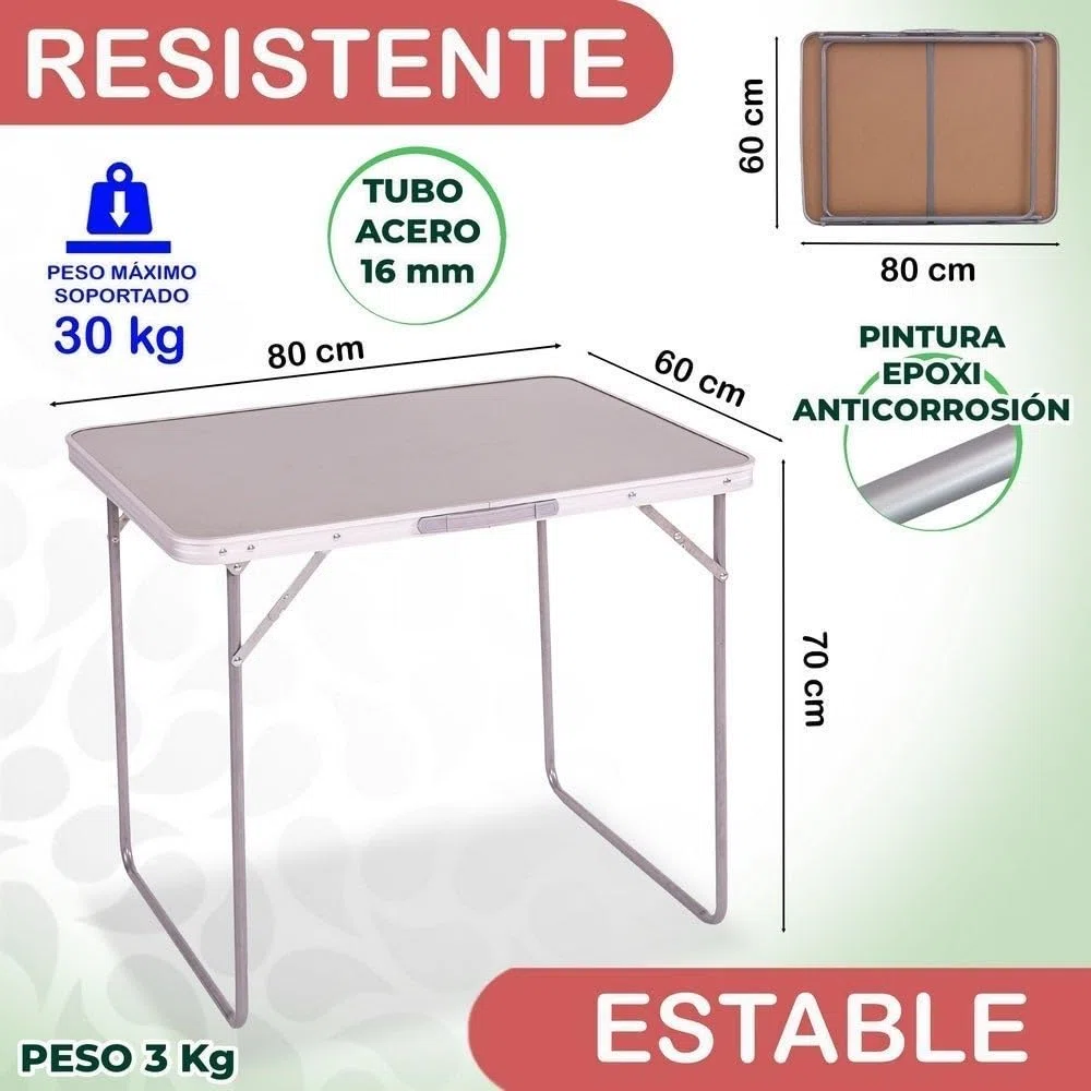 LOLAhome Mesa Plegable Camping y Playa 80x60x70 cm, Mesa Picnic portátil con asa Transporte, Patas Plegables Acero, Tablero MDF Aspecto Madera Nogal, Gris, antivuelco y compacta.