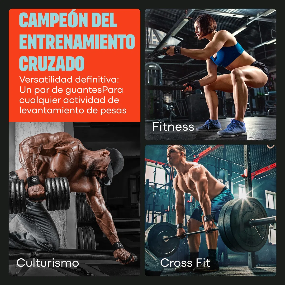 Guantes Abiertos MAVA para Gimnasio; Guantes Gimnasio Hombre y Mujer, Acolchados y Antideslizantes con Soporte de Muñeca; Guantes de Entrenamiento