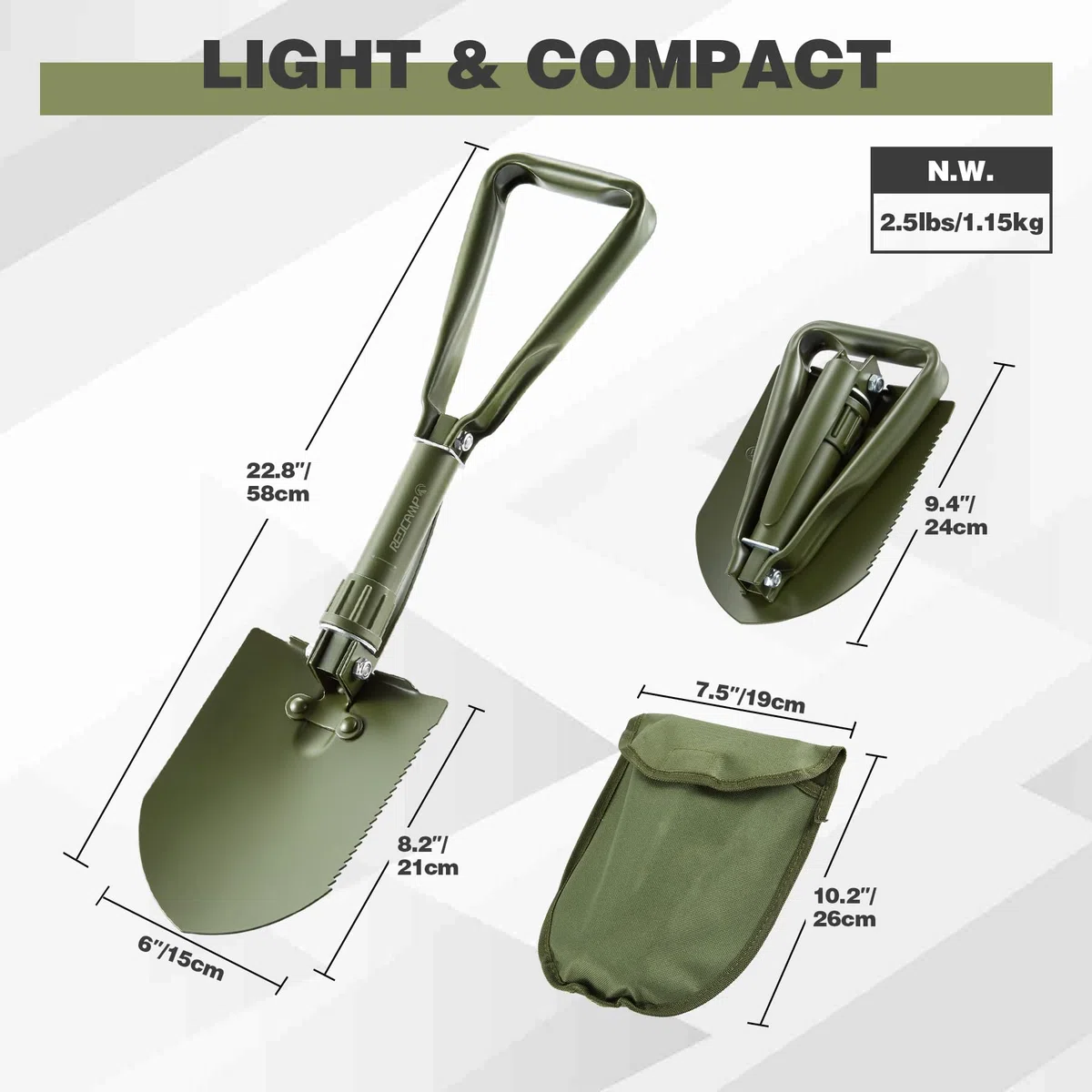 REDCAMP Pala Militar Plegable para Camping, Herramienta de atrincheramiento de Acero de Alto Carbono, Pala de Triple Mango con Cubierta (Verde, 2.5 Libras)