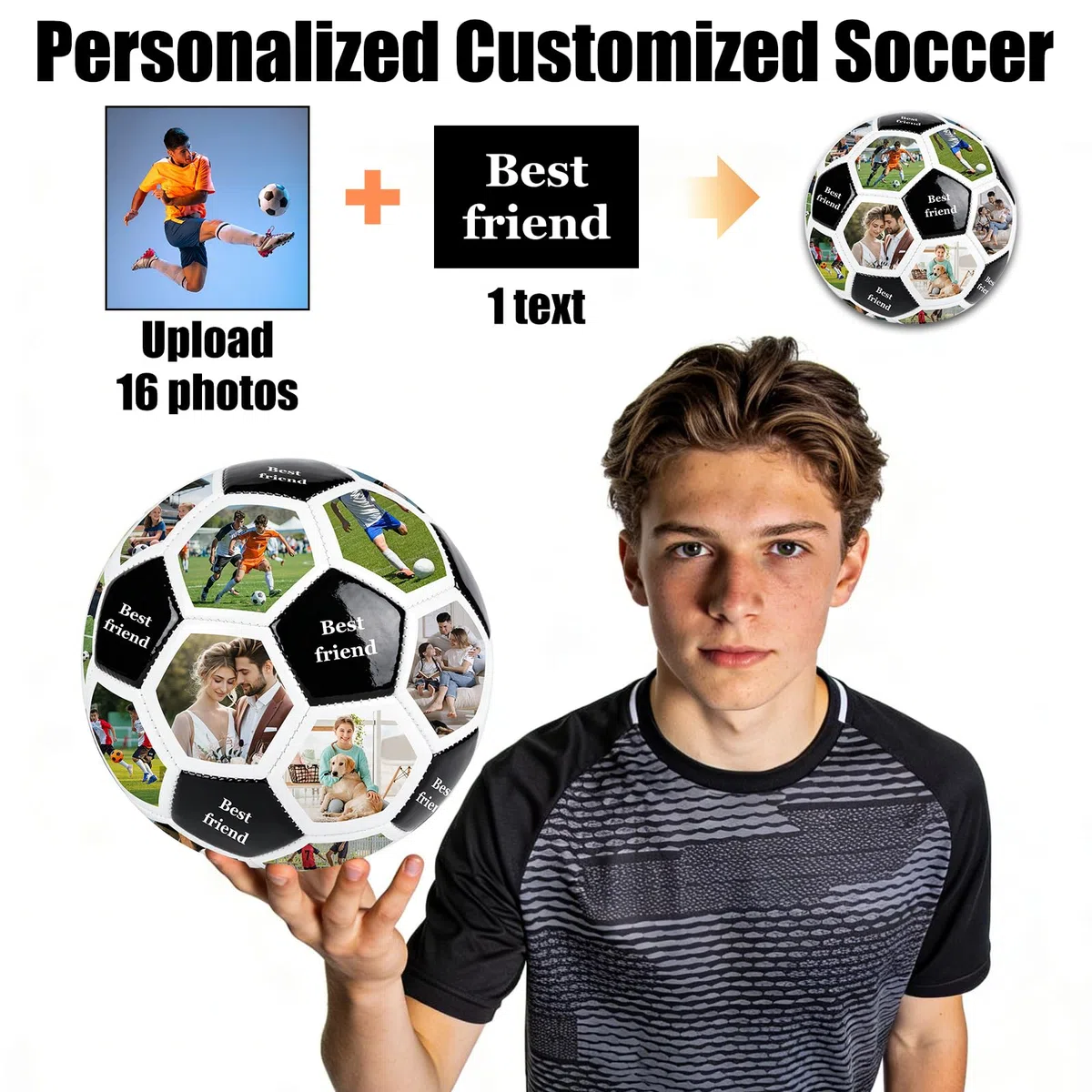 Balon Futbol Personalizado con 16 Foto y Texto Nombre, Pelota Futbol Creativo Regalo de Fútbol para Aficionados al Fútbol, Entrenadores y Equipos, Ideal para Entrenamiento, Partido y Colección