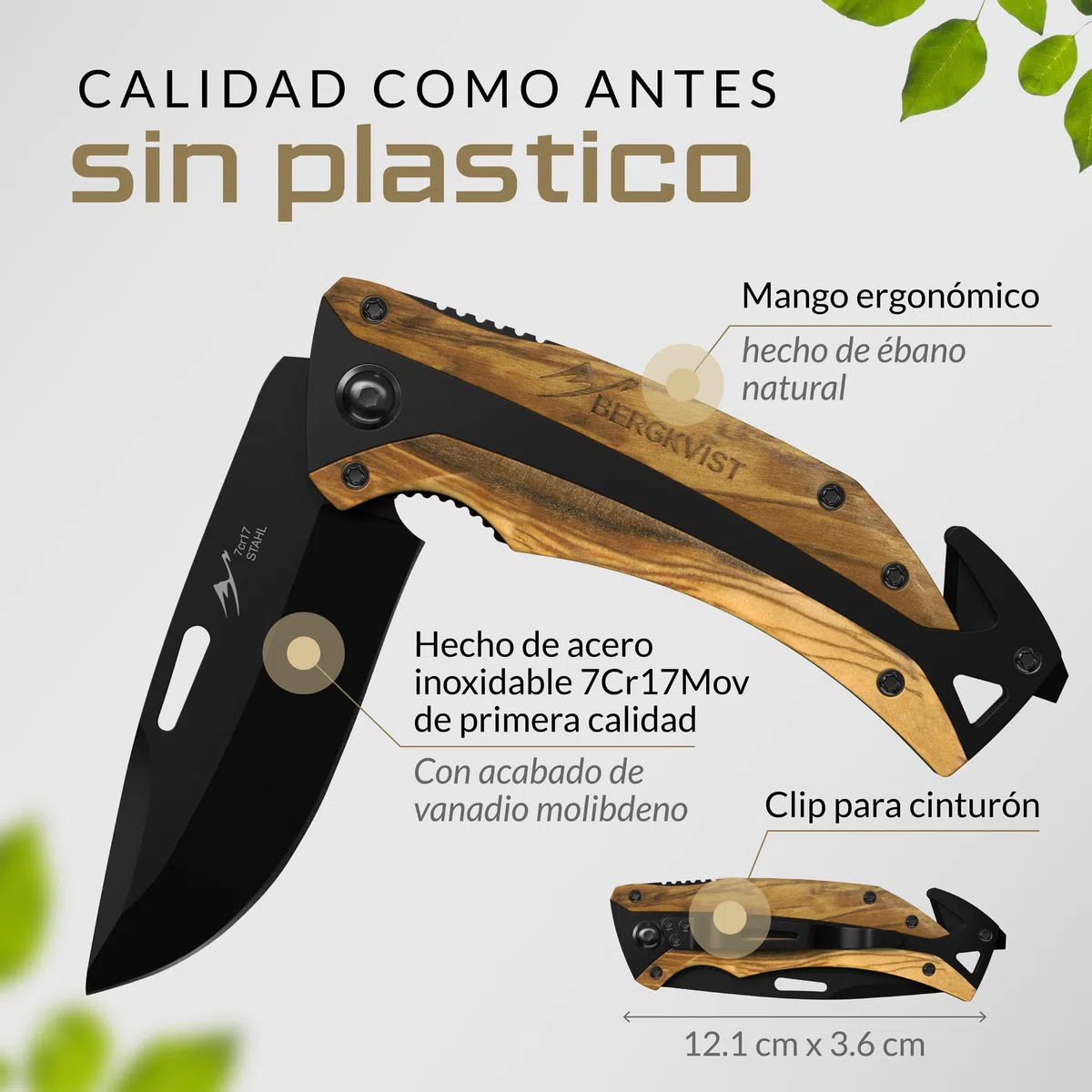 BERGKVIST K30 Cuchillo plegable Tiger [navaja de dos manos] | Navaja de bolsillo 3 en 1 con rompecristales y cortacinturones para exteriores y supervivencia, mango de madera
