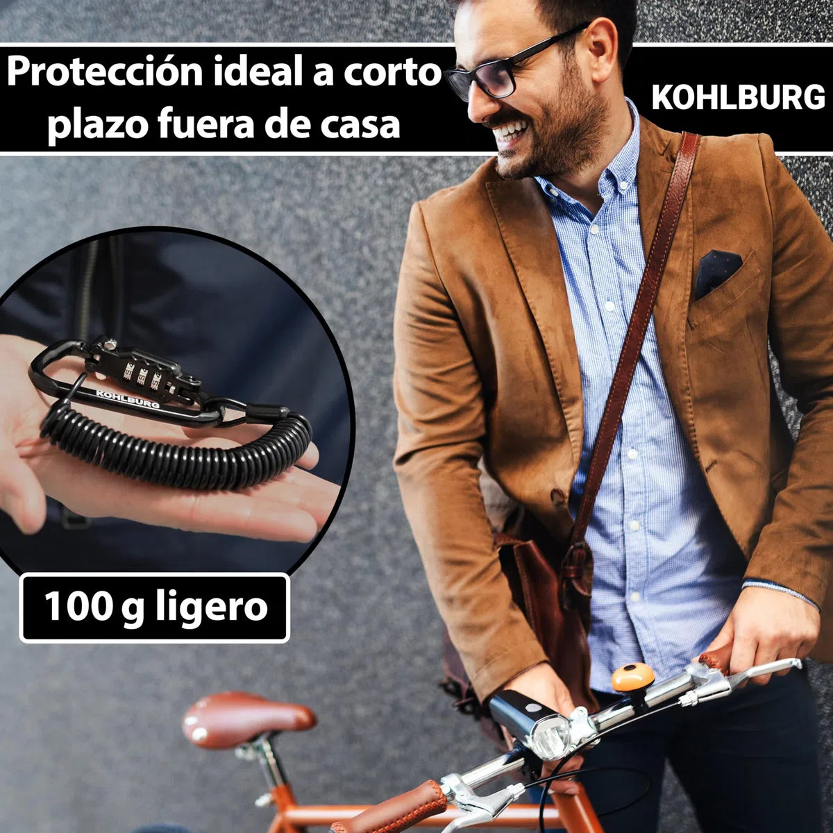 KOHLBURG candado bicicleta combinacion [180 cm extra larga y ligero] - candado cable de 3 mm de grosor - para carrito de bebés, casco moto, candado esquis y snowboard, bici, cadena bicicleta