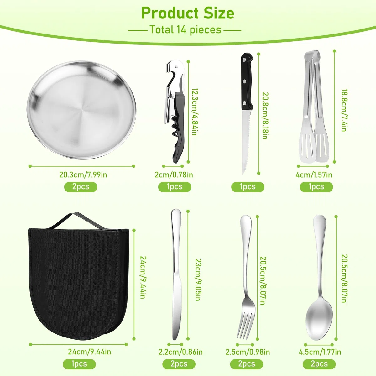 Conjunto de Cubiertos de Camping de 14 Piezas, Acero Inoxidable Juego de Cubiertos de Viaje Portátil, Camping Accesorios Portátiles para Picnic, Viaje, Camping, 2 Personas