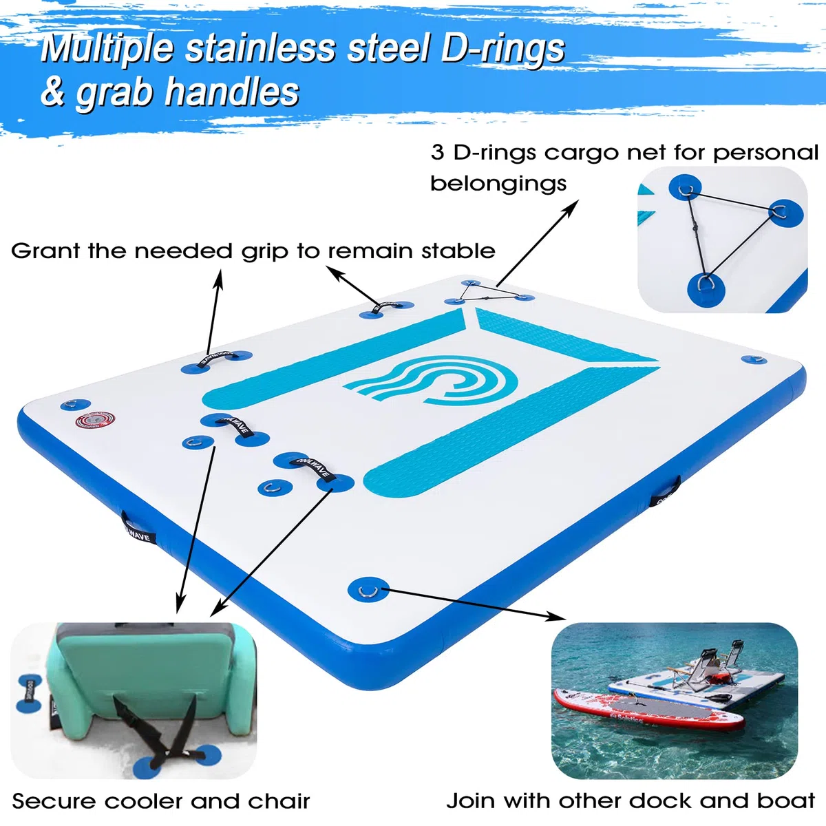 COOLWAVE Plataforma inflable flotante para lagos, plataforma de baño grande de 8 x 6 pies, inflable con almohadilla antideslizante, isla de baño inflable con bomba de aire eléctrica para 4-5 personas