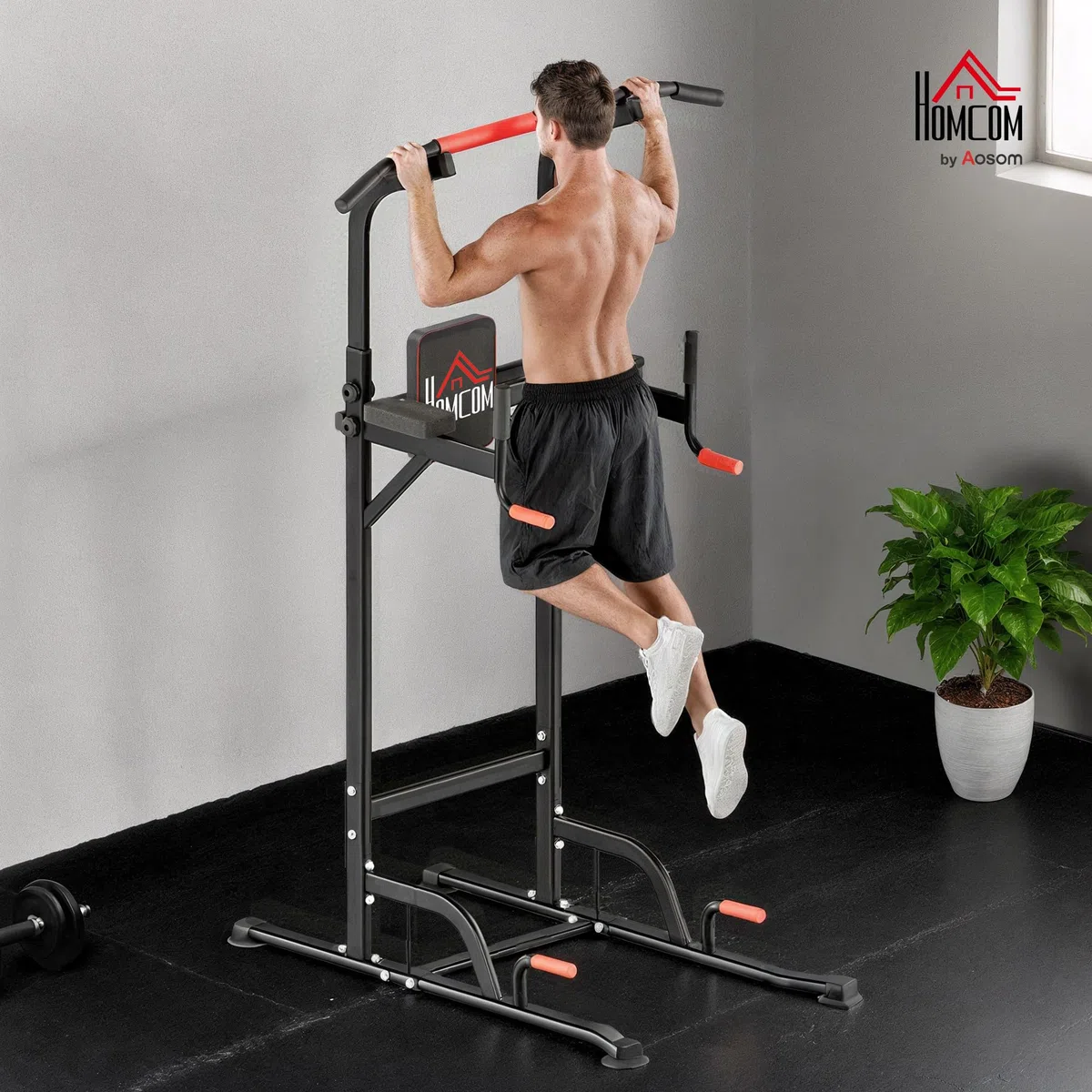 HOMCOM Barra de Dominadas Altura Regulable con 7 Orificios Torre de Ejercicios Estación Multifuncional para Entrenamiento Fitness Casa Gimnasio Oficina Carga 120 kg 123x98x189-239 cm