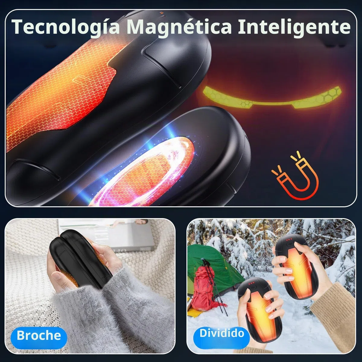 Calentador de Manos Recargable,10000mAh Calentador de Manos Portátil Reutilizable, 2-en-1Calienta Manos USB,3 Segundos Calor Rápido,para Camping/Caza/Senderismo Regalos,Negro Plata