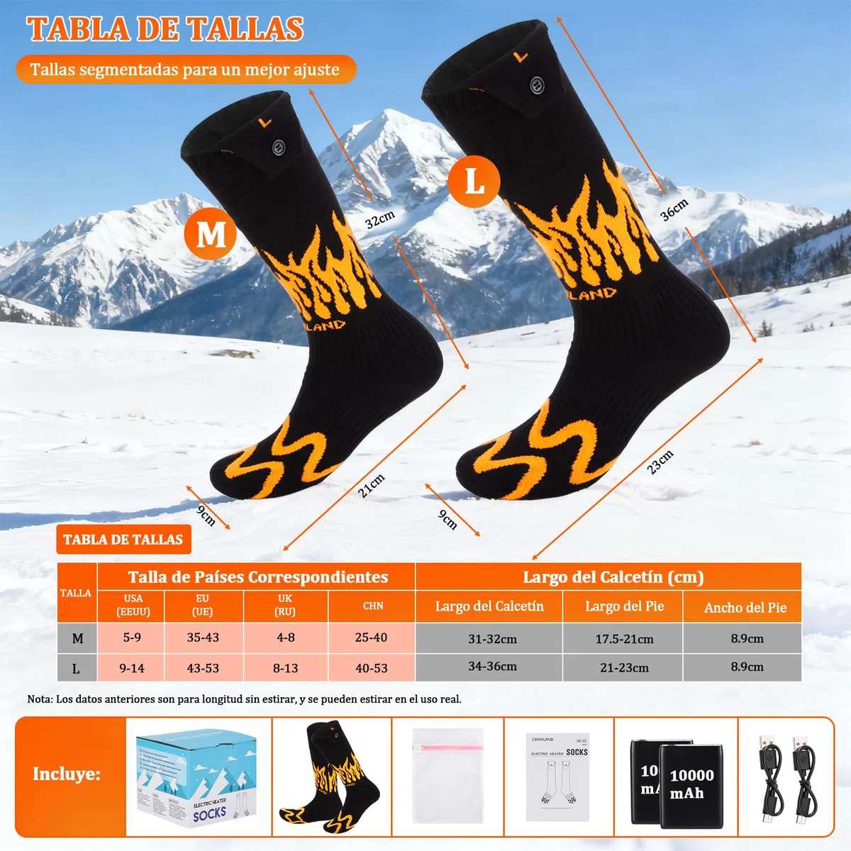 CAMULAND Calcetines Térmicos con App y Batería 10000mAh para Hombre y Mujer, Calentadores Eléctricos Ajustable 4 Niveles, para Senderismo, Trabajo Invierno, Caza, Esquí, Acampada, Pesca en Hielo