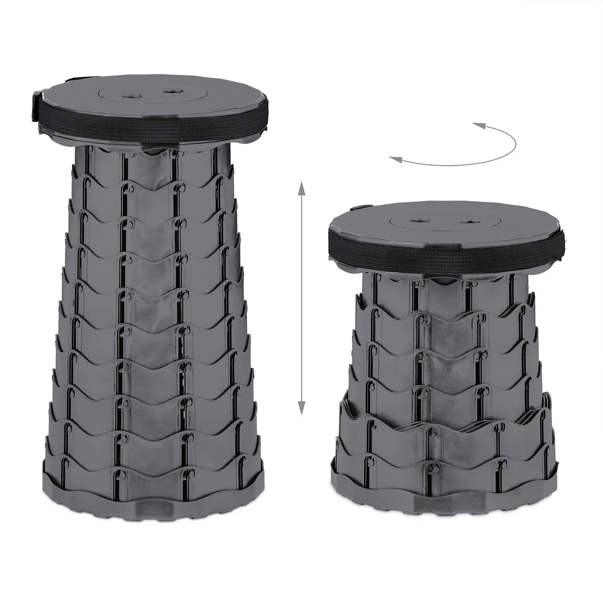 Relaxdays Taburete Telescópico, Banqueta Plegable Camping, con Correa, Altura Ajustable, 44,5x25x25 cm, Gris