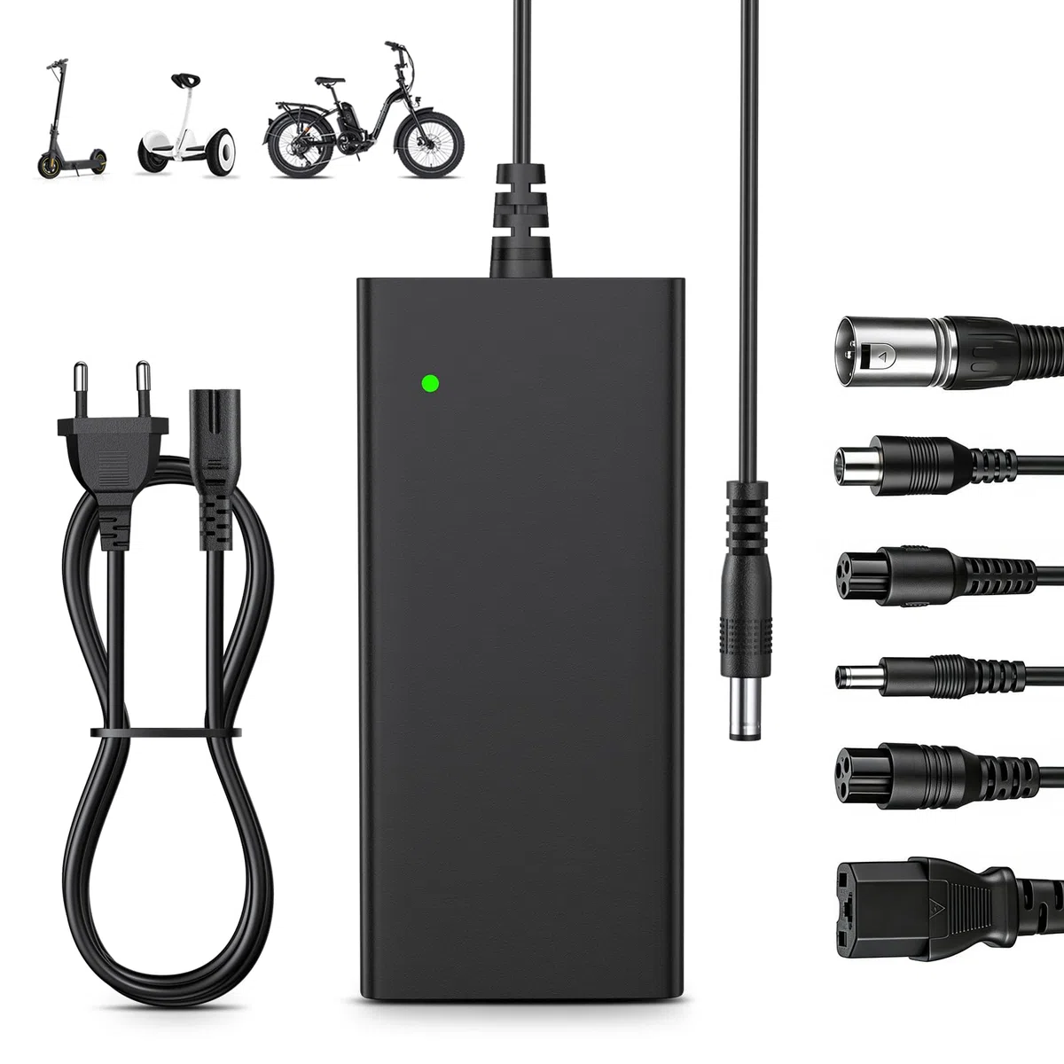 Cargador 54,6V 2A para E-Scooter con 6 Conectores – Adaptador Universal 48V para Baterías de Litio, Cable Compatible con Xiaomi, Segway/Ninebot, Hitway, Dualtron, Kaabo, E-Bike