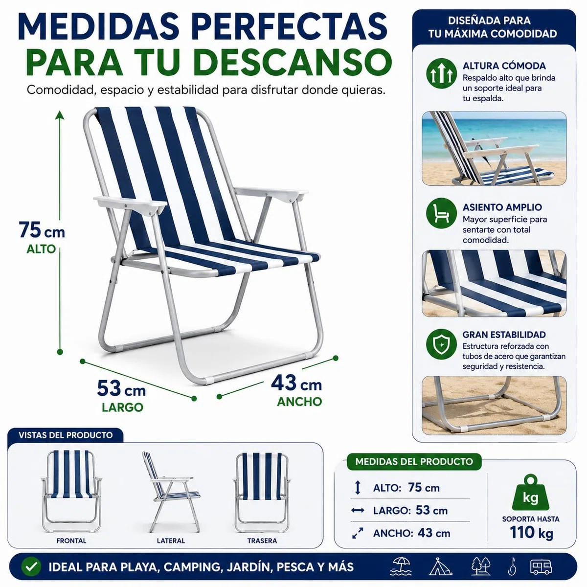 TIENDA EURASIA - Pack 2 Silla Playa o Camping Plegable | Estructura de Acero Gris | Tela de Loneta Impermeable | Ligera | Estampado Rayas Azul y Verde | Medidas 75 x 53 x 43 cm