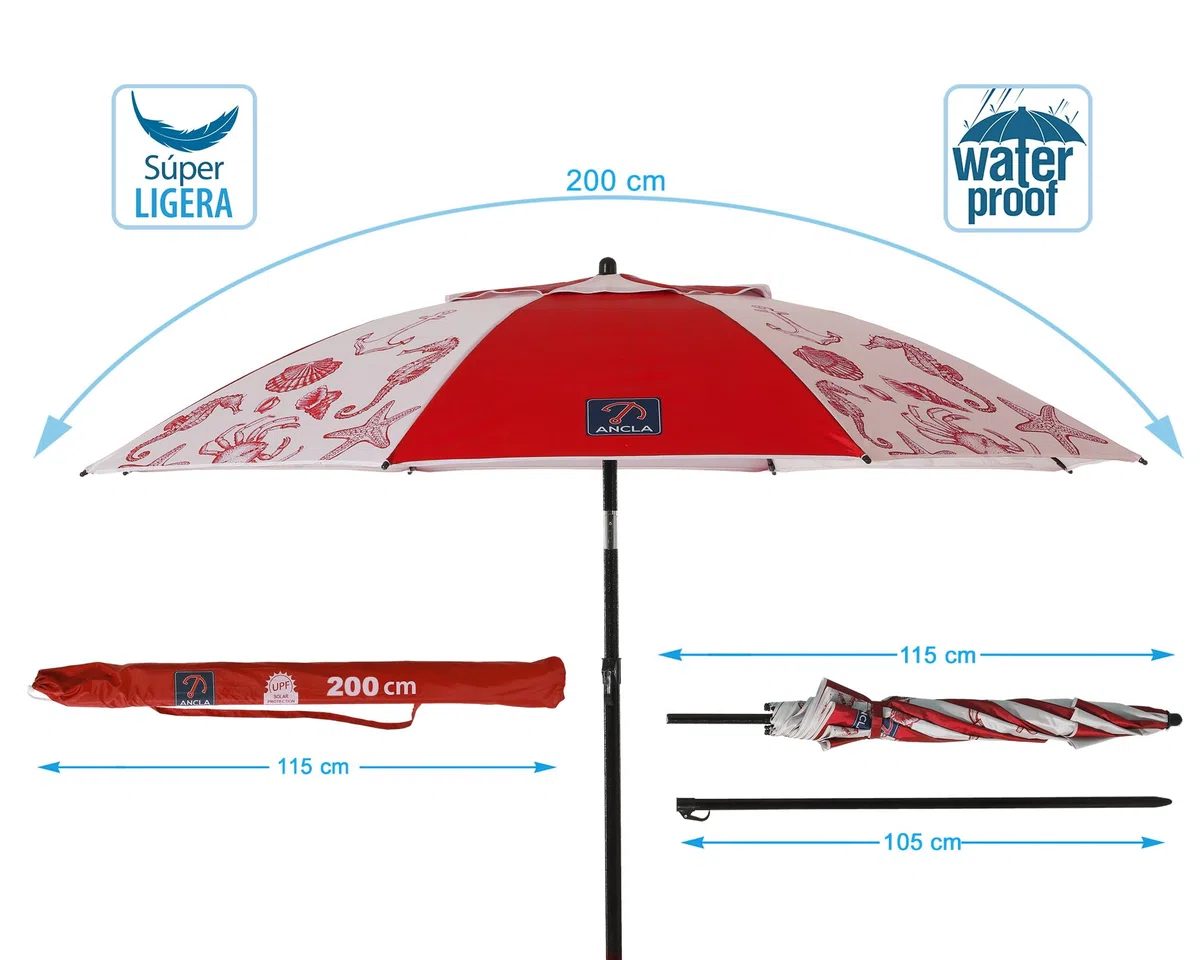 Atosa Sombrilla de Playa Ø desde 180 a 240 cm de Aluminio Modelo Fondo Marino con Bolsa de Transporte y con Protección Solar UPF 50+ en Colores Azul y Rojo