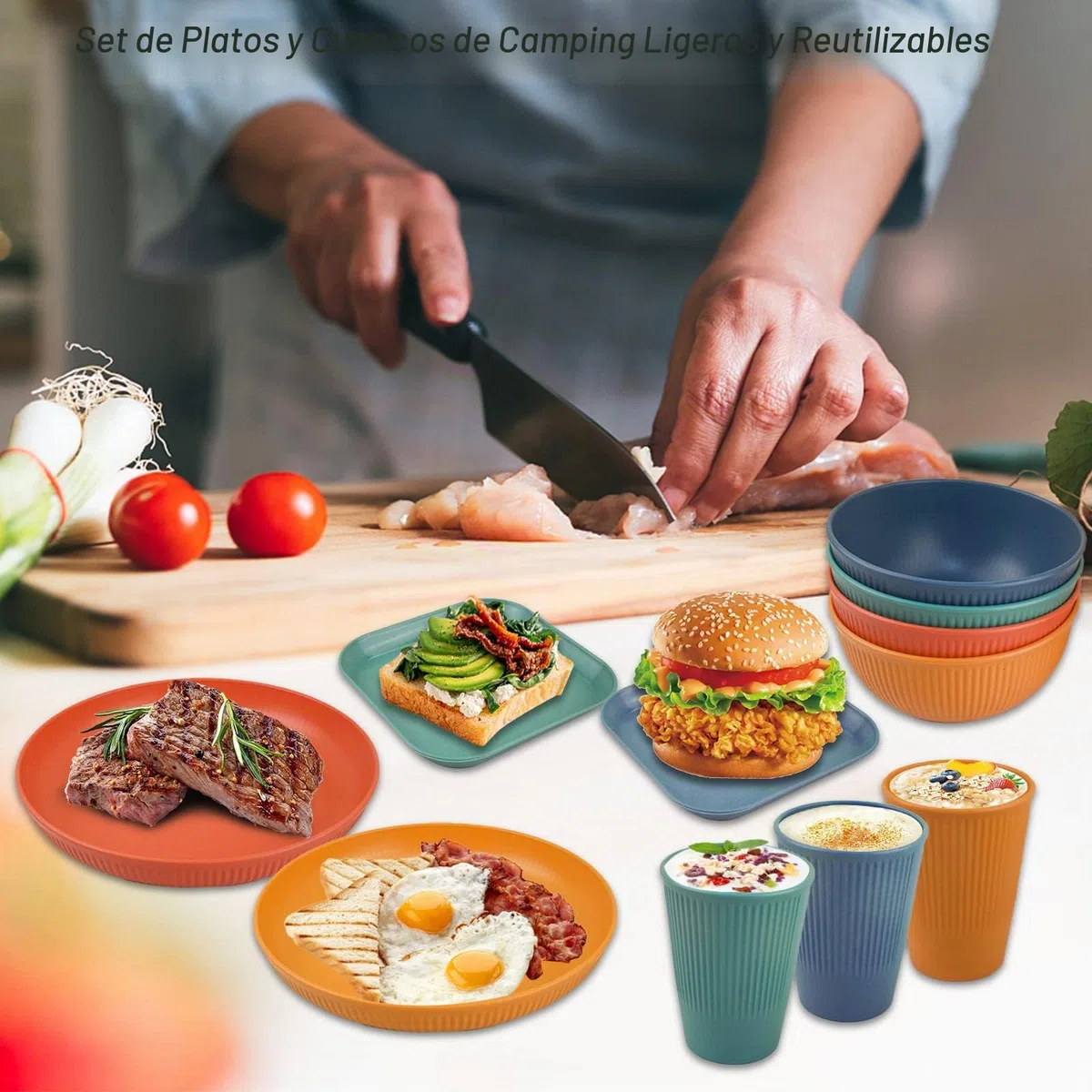 Vajilla Camping, 48 Piezas Platos Plastico Duro Reutilizables, Vajilla Picnic Contiene Plato Cuenco Cuchara Taza Cubiertos, Set Cocina Camping para Familia Al Aire Libre Viajes- 4 Personas