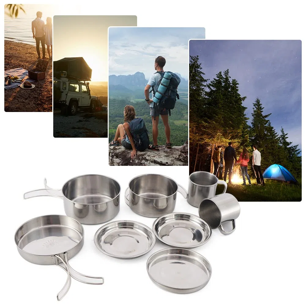 8PCS Kit de Utensilios Cocina Camping Acero Inoxidable Juego Olla y Sartén con Platos Vasos para Campamentos Excursiones Mochilería al Aire Libre
