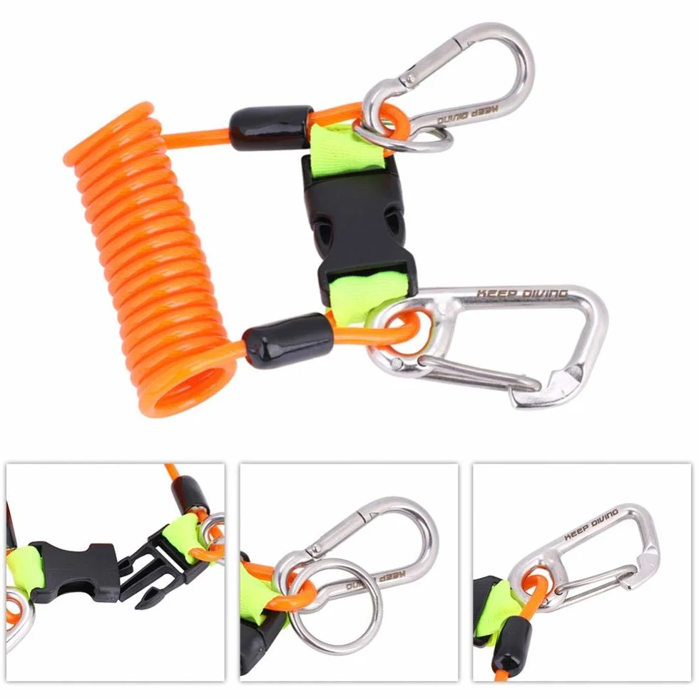 Keenso Cuerda Elástico para Buceo, Conjunto Estirado, Enganche Metálico y Mosquetón(Naranja)