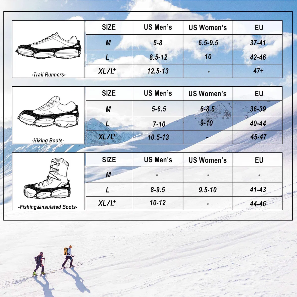 Crampones Antideslizantes para Hielo y Nieve con 19 Púas de Acero Inoxidable, Cleats de Tracción para Botas y Zapatos, Hombre y Mujer, Seguridad para Senderismo, Pesca, Caminatas y Escalada