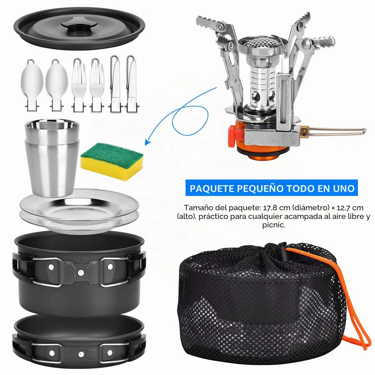 Queta Juego de utensilios de cocina para camping, 17 piezas, kit de cookware, ollas de picnic para 2-3 personas, para camping, senderismo, picnic, barbacoa, certificado por la FDA