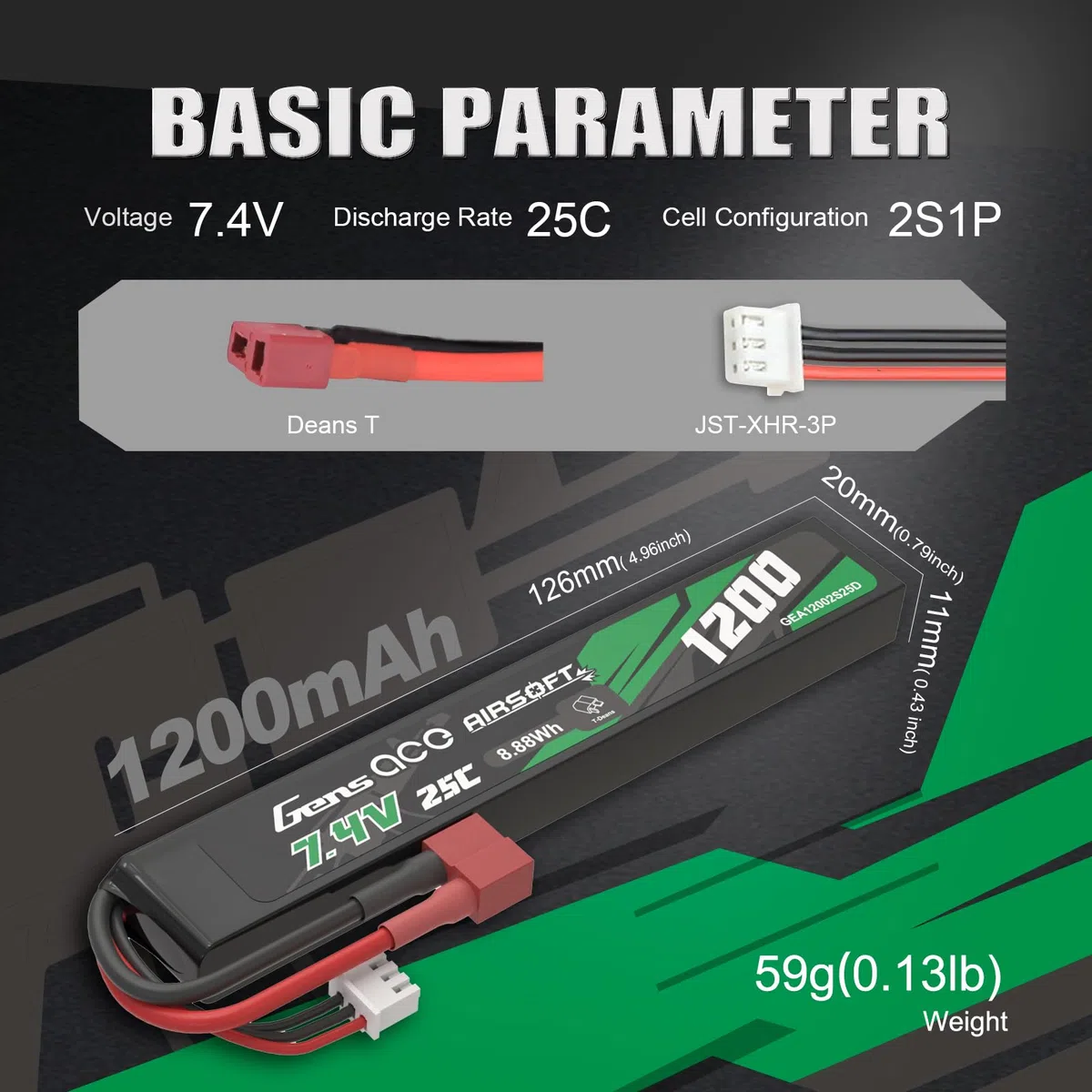Gens Ace Batería LiPo 7,4 V 1200 mAh 25C 2S1P con Conector Deans (T-Deans), Compatible con Réplicas de Airsoft AEG