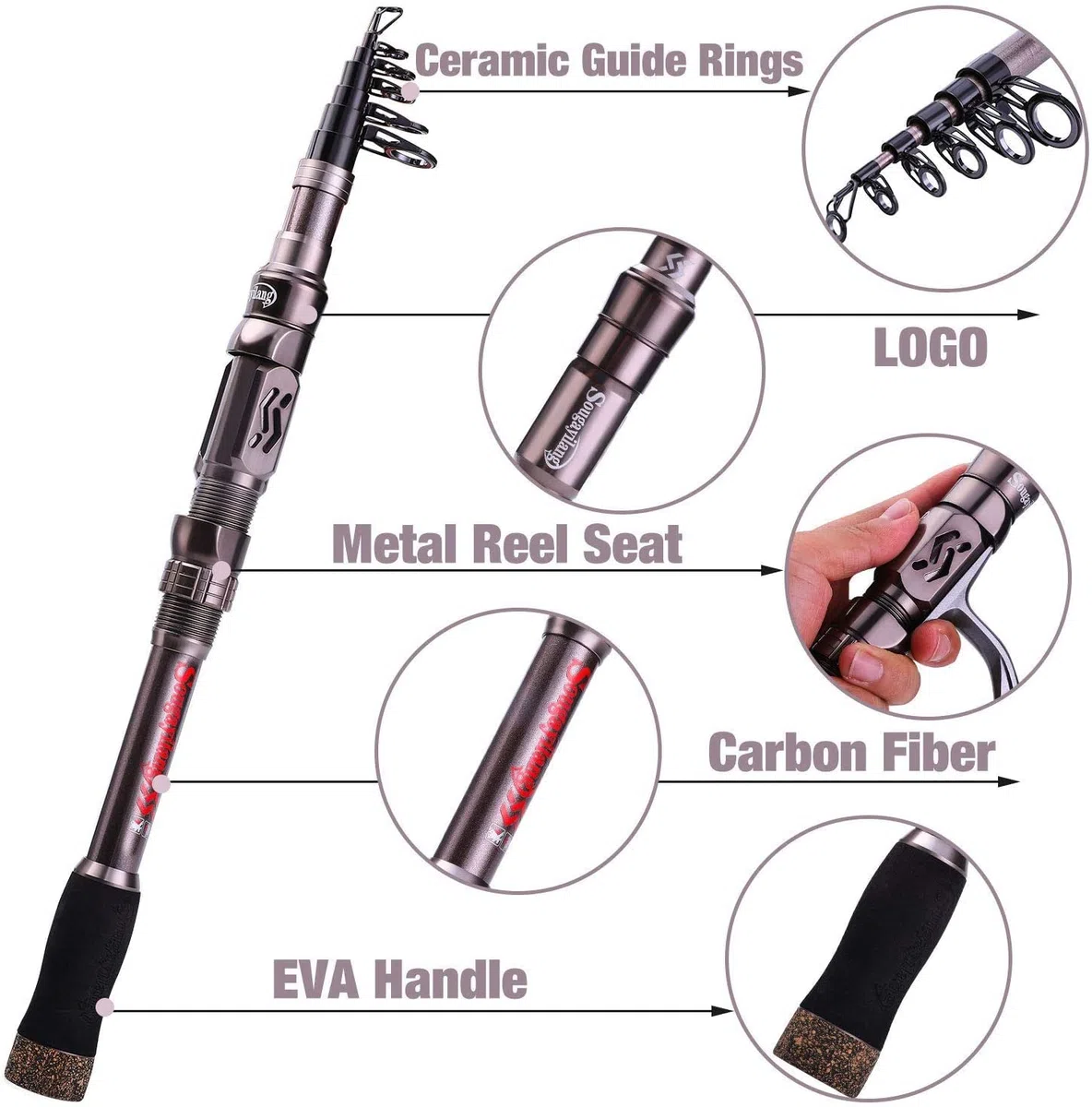 Sougayilang Caña de pescar telescópica portátil, fibra de carbono de 24 toneladas, asiento de carrete mecanizado CNC, cómodo mango de EVA, caña de pescar de viaje para pesca de trucha y lubina,