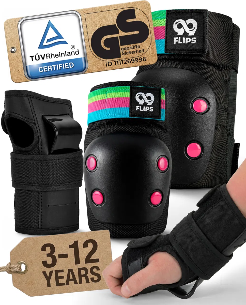 99FLIPS Protecciones Patines Niña - Rodilleras y Coderas Niña, Protectores Niño - Rodilleras Niño - Slide - Talla XS - Negro ARCOÍRIS - Monopatín, Patines en Línea, BMX