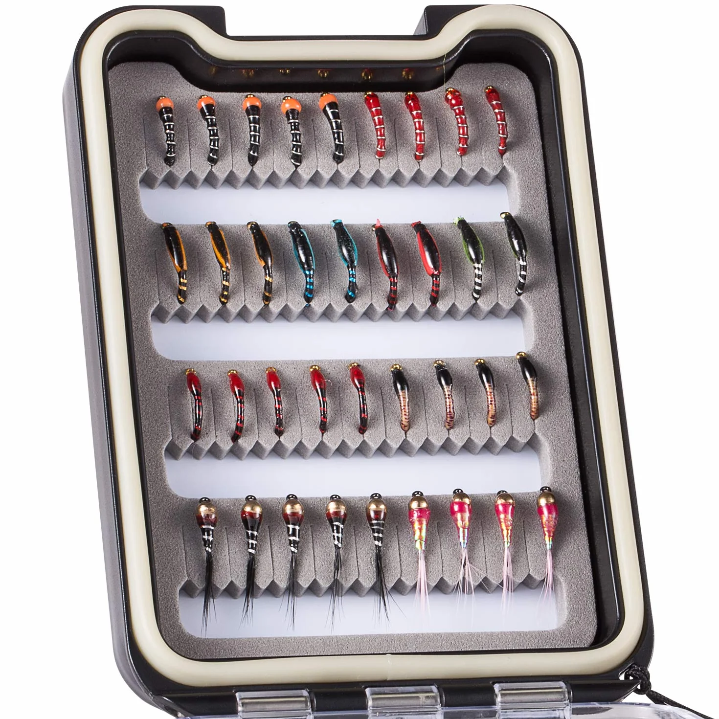 BASSDASH Kit de Moscas de Pesca con Mosca, Surtido de Moscas, Pesca de lubina con Caja de Moscas, 36/64/72/76/80/96 Piezas con Moscas secas/húmedas, ninfas, serpentinas, Popper