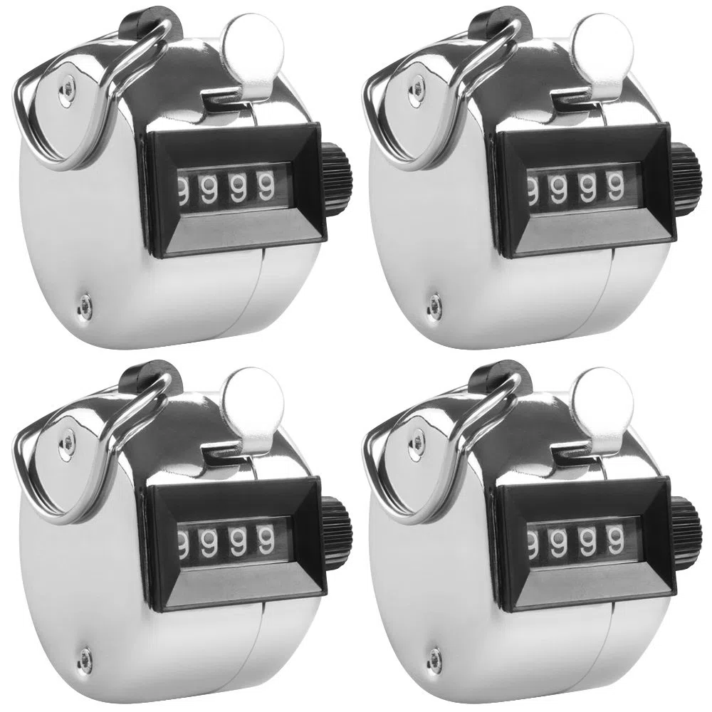 AFUNTA Contadores manuales de 4 dígitos, Juego de 4 numeradores mecánicos de Mano con aro de Anillo Soporte de Dedo para Deporte Golf Cuenta de Paso - Plata