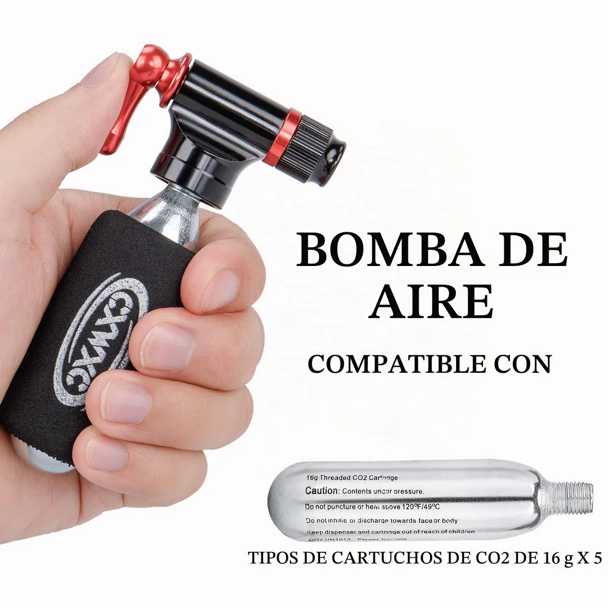 Kit de inflador de CO2 con 5 Cartuchos roscados de CO2 de 16 g - Compatible con válvulas Presta y Schrader - Bomba portátil de CO2 para neumáticos de Bicicleta con Multiherramienta