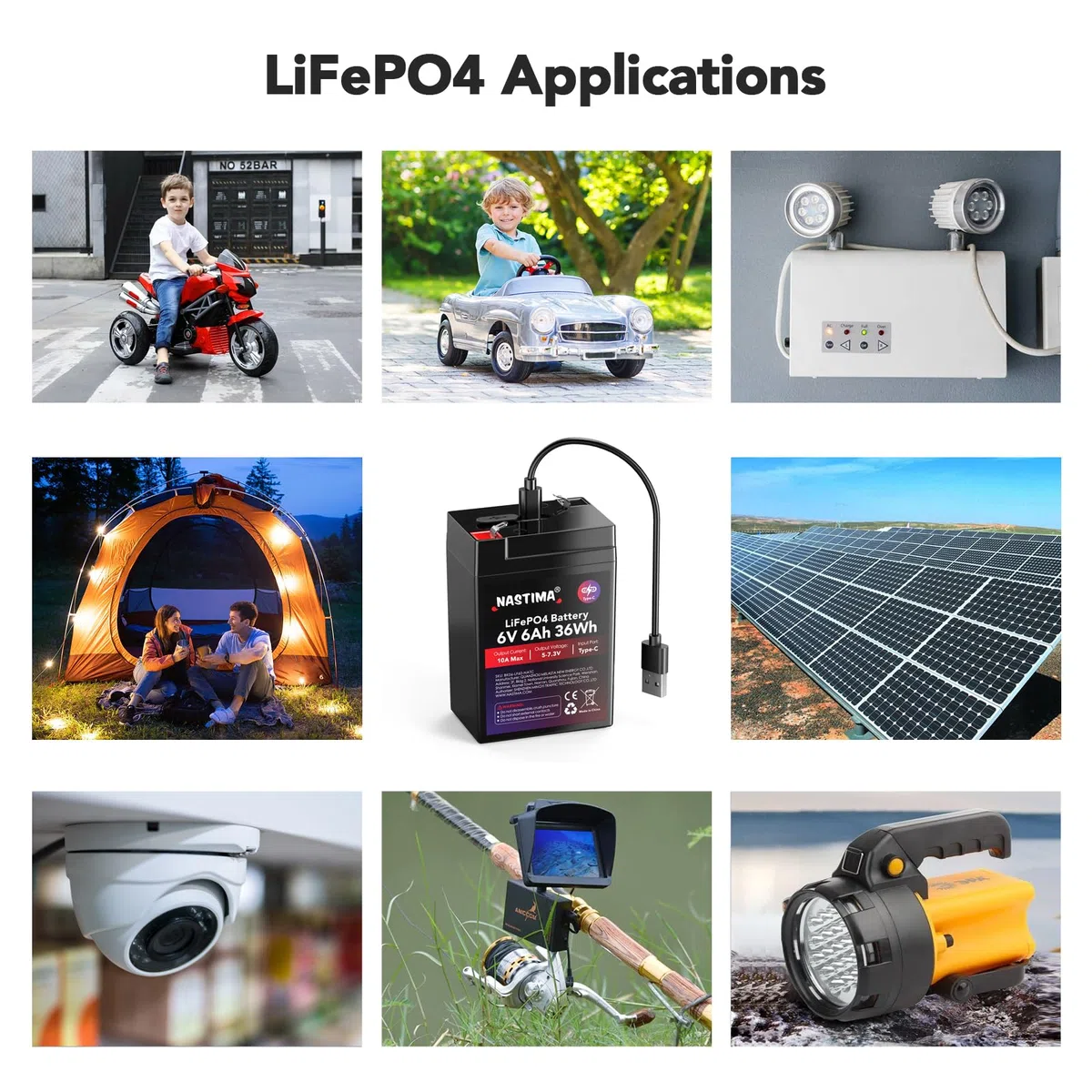 NASTIMA Batería Recargable 6V 6Ah 36Wh LiFePO4 con Protección BMS y Ciclo Profundo 2000, Carga Tipo C, Cámaras de Vigilancia, Coches de Juguete para Niños, Lanchas a Motor, Camping
