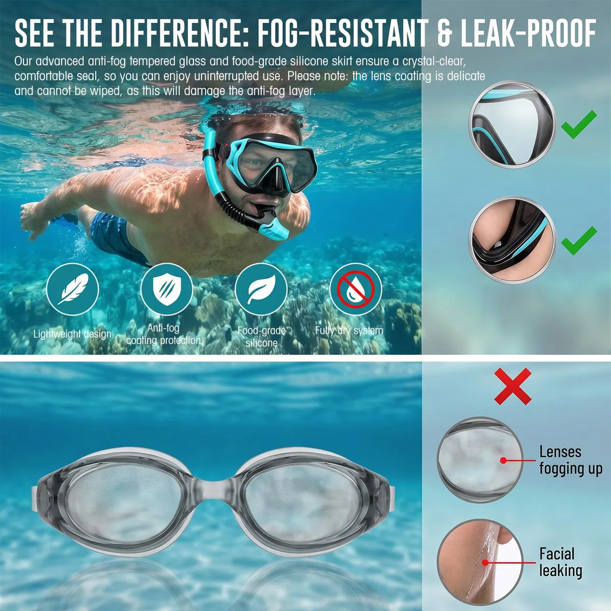 Gafas y Tubo de Snorkel para Adultos, Máscara de Buceo Panorámica, Snorkel Dry Top Antifugas y Antivaho
