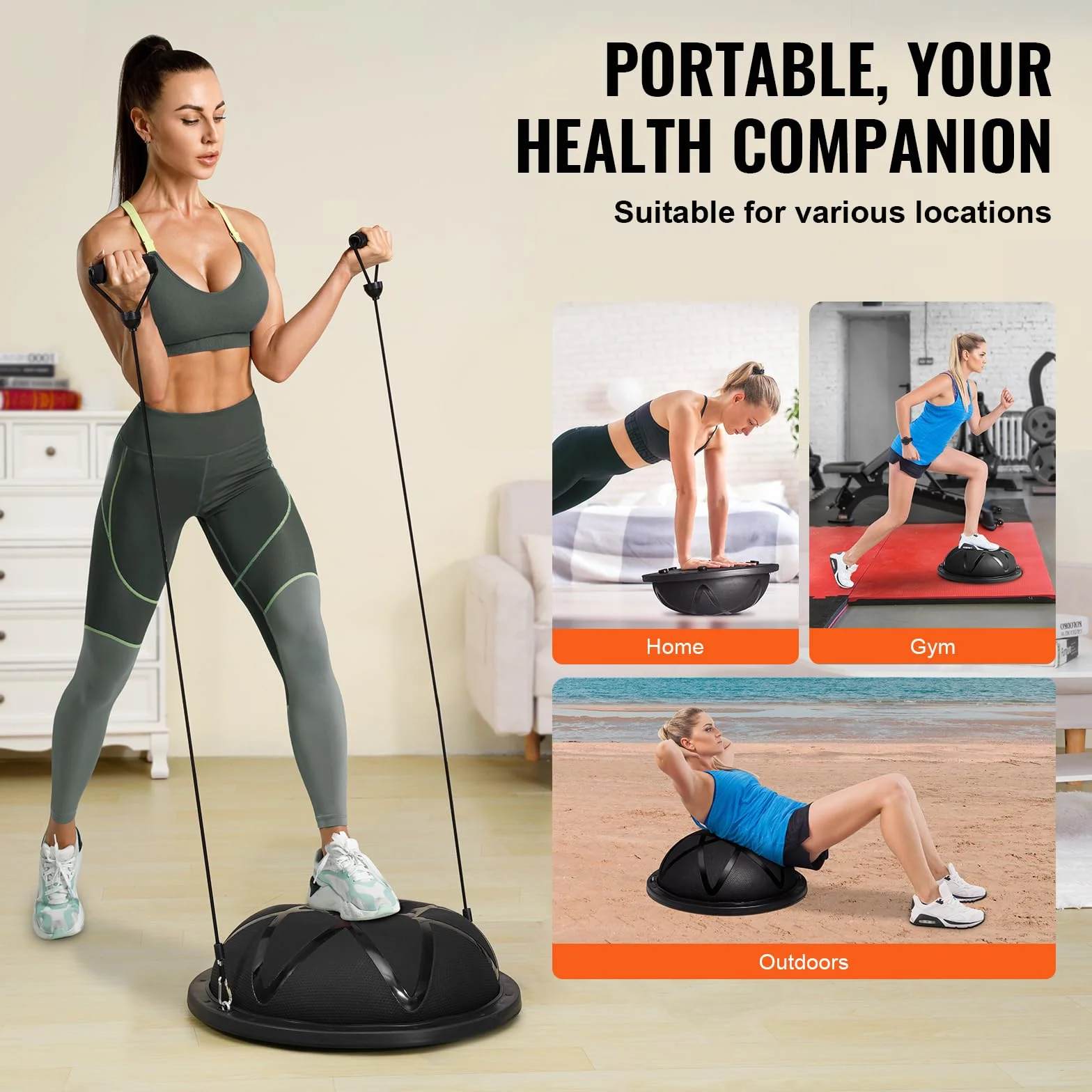 VEVOR Entrenador de Pelota de Ejercicio Medio, Entrenador de Pelota de Equilibrio de 580 x 200 mm de Capacidad de 300 kg con Bandas de Resistencia y Bomba, para Gimnasio en Casa de Cuerpo, Negro