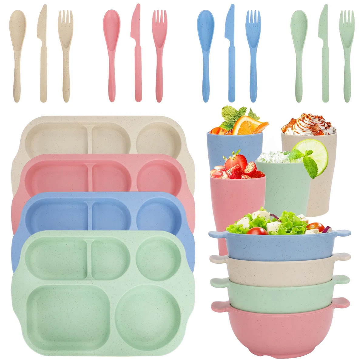 Juego de vajilla irrompible para 4 personas, juego de platos y cuencos divididos para niños, platos de plástico reutilizables, tazas, cuencos, juego de cubiertos para campamento, niños (color claro)