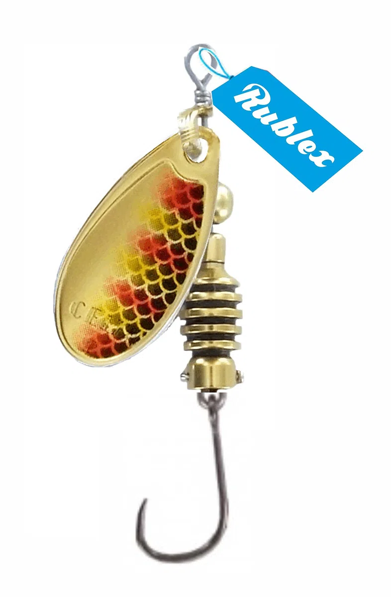 Pack de 5 Cucharillas de Pesca Celta-3 BTG | Cebo Artificial de Pesca con Anzuelo Simple sin Muerte Fácilmente Intercambiable con Sistema Quita-Vueltas, Color BTG Oro Rojo Amarillo, 5gr