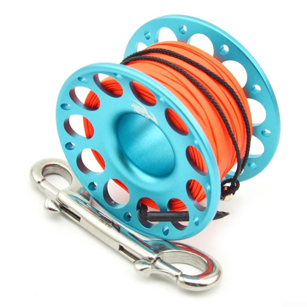 Carrete de buceo de aluminio con giro de acero inoxidable y gancho doble para equipo de buceo en cuevas, herramienta de penetración de naufragio, carrete guía de seguridad (30 m, azul)