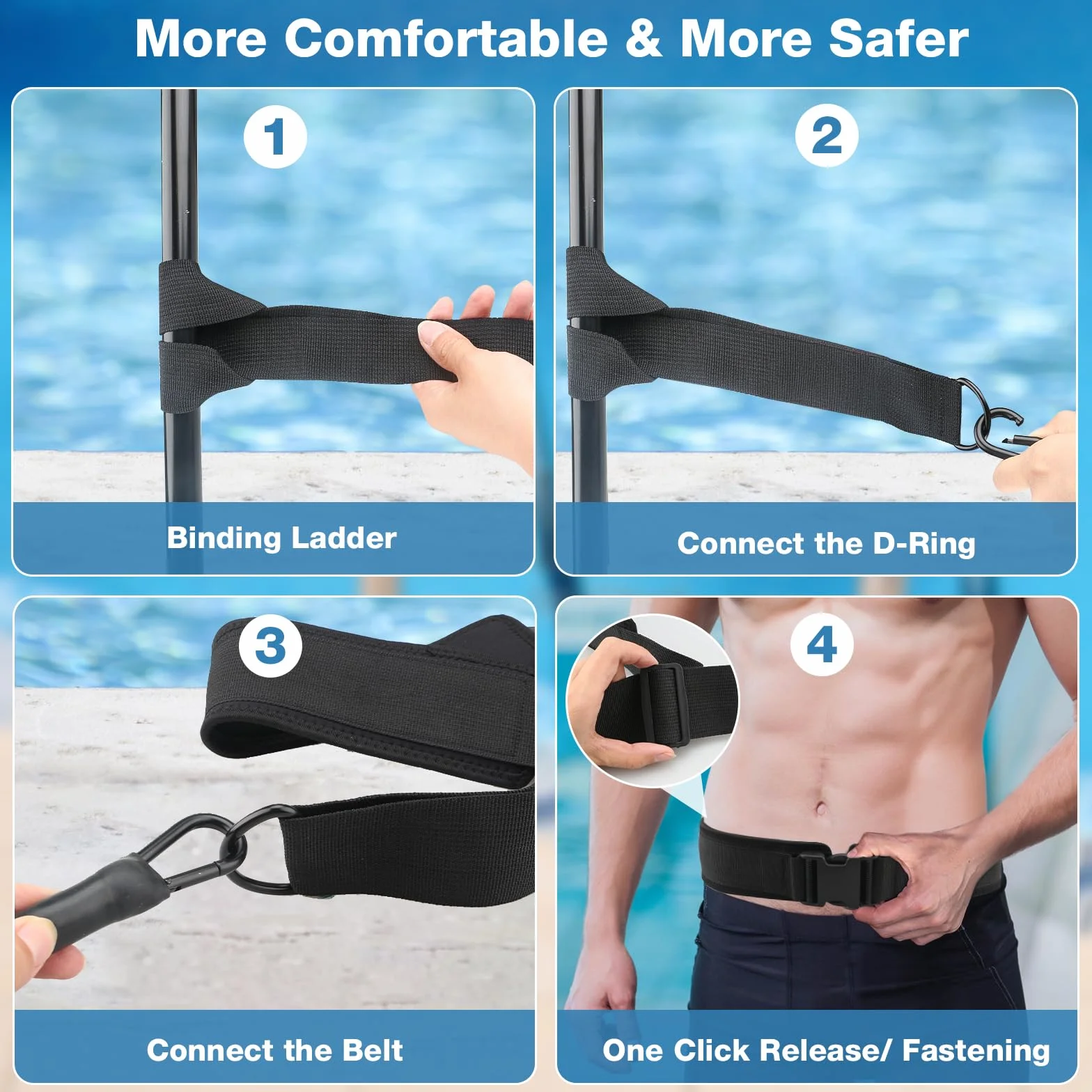 Cinturón de natación premium para adultos, para piscina, cinturón de natación de 3,5 a 8,5 m con bandas elásticas, ayuda de natación para adultos, adecuado para principiantes y profesionales, para